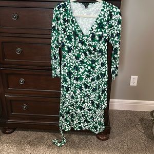 Green and navy blue wrap dress
